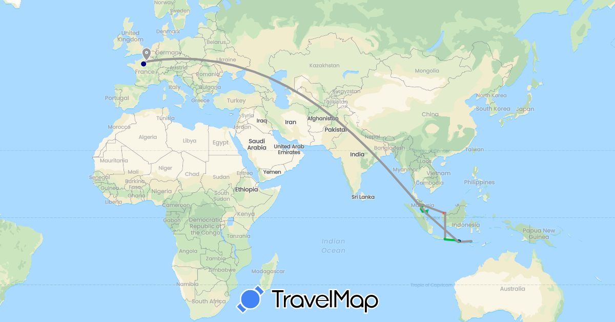 TravelMap itinerary: driving, bus, plane, hiking, boat in France, Indonesia, Malaysia, Singapore (Asia, Europe)